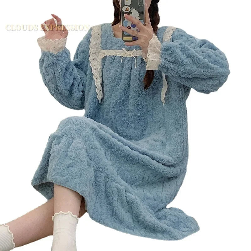 Winter 4XL Warm Velvet Plush Nightdress Kawaii Girls Sleeping Dress Women's Nightgowns Nighttie Ladies Sleepshirts Home Skirts