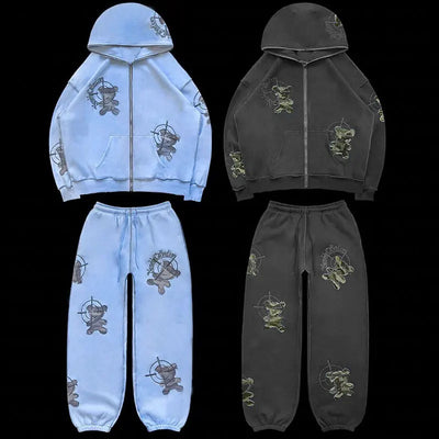 Tracksuit Hoodies Sweatpants Suits Men's Full Zip Up Hip Hop Embroidery Casual Elasticity Y2k Fashion Autumn Winter 2 Piece Sets