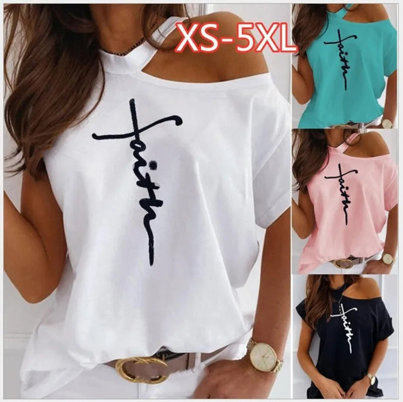 Printed T-shirt Women S-3XL Size Ladies One-shoulder Letter Tops Summer Loose and Cute T-shirt Fashion Top Women Strapless Sexy