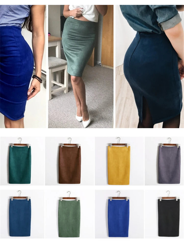 Colorfaith New 2022 Multi colors Korean Fashion Suede Work Wear Package Hip Pencil Bodycon Spring Summer Women Midi Skirts SP012