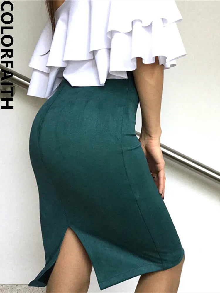 Colorfaith New 2022 Multi colors Korean Fashion Suede Work Wear Package Hip Pencil Bodycon Spring Summer Women Midi Skirts SP012