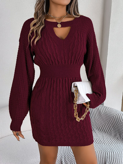 Solid Color Twist Hollow-out Lantern Sleeve Package Hip Sweater Dress