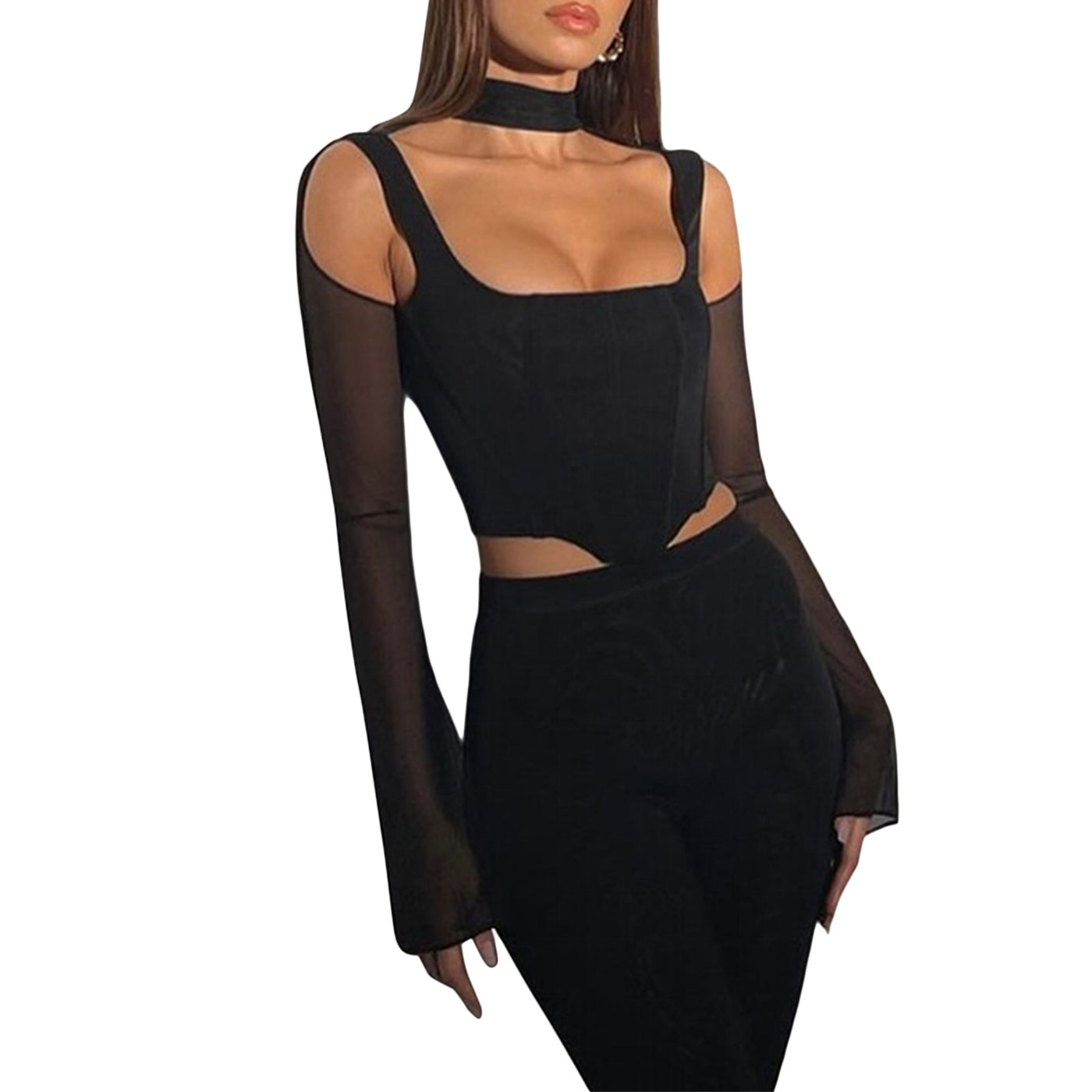 Long Sleeve Halter Stitching Mesh Slim Fit Top