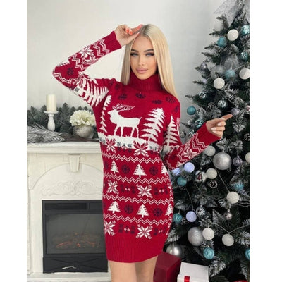 Women's Elk Christmas Tree Jacquard Long Sleeve Dress Sweater