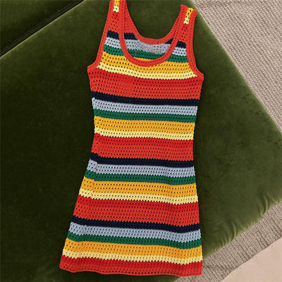 U-neck Color Block Sleeveless High Waist Slim Dress