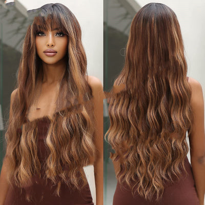 Dark Brown Dyed Light Brown Bangs Long Curly Hair Wigs Mechanism Headgear