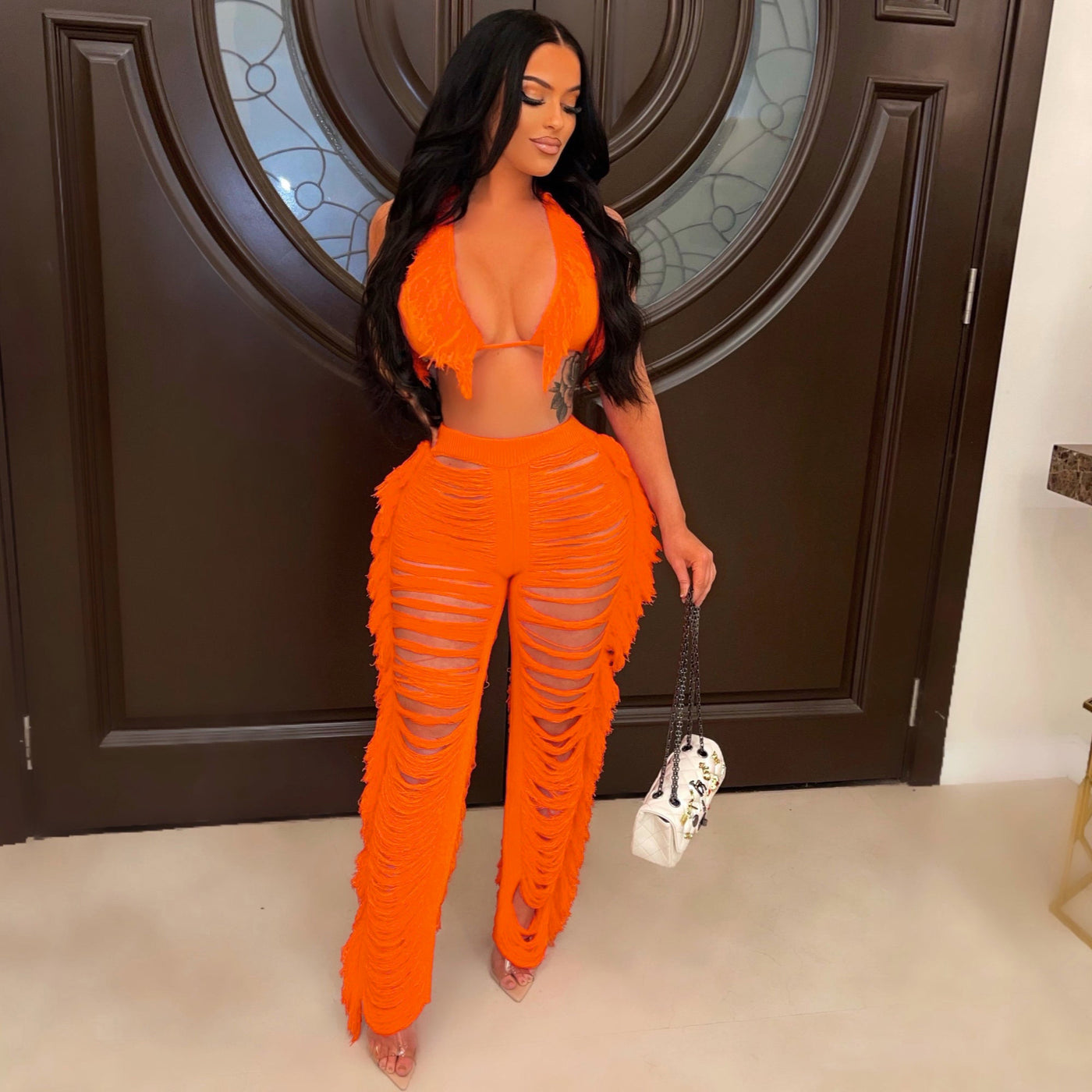 Solid Color Sexy Halter Knit Pants Suit