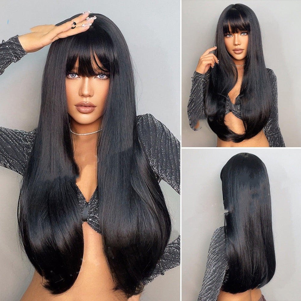 Black Long Straight Wig Female Black Straight Bangs Long Straight Hair Chemical Fiber