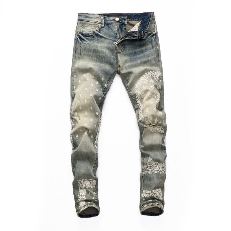 Vintage Distressed Printing Stylish Jeans For Men