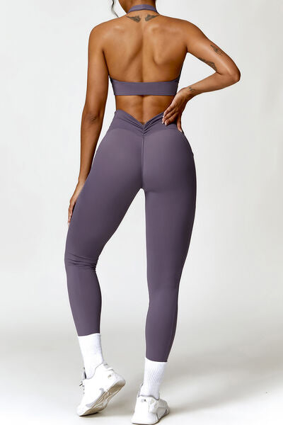 Ruched Halter Neck Bra and Pocketed Leggings Active Set