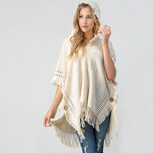 Fringed Crochet Buttoned Hooded Poncho