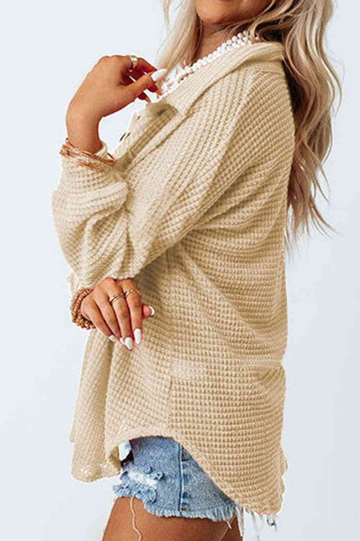 Waffle-Knit Button Up Long Sleeve Shirt with Pocket