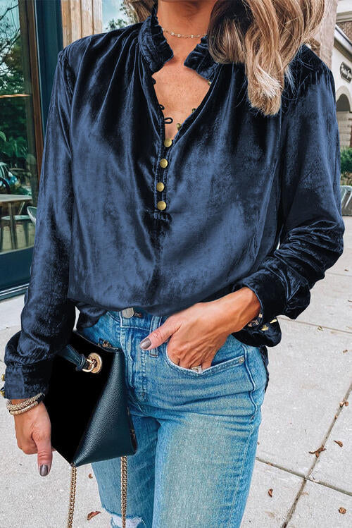 Notched Neck Buttoned Long Sleeve Velvet Blouse