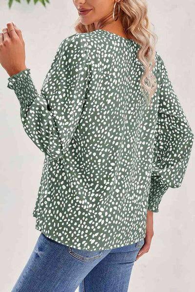 Printed V-Neck Smocked Lantern Sleeve Blouse