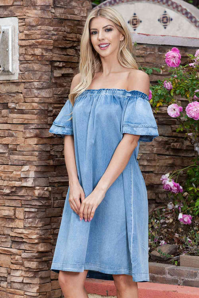 Off-Shoulder Knee-Length Denim Dress