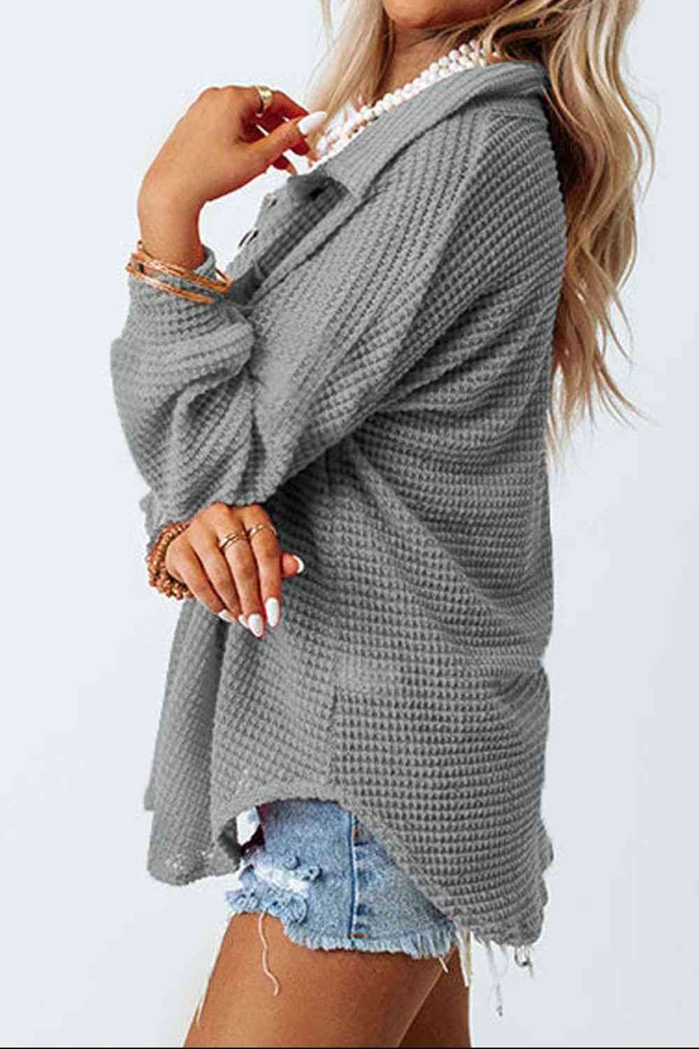 Waffle-Knit Button Up Long Sleeve Shirt with Pocket