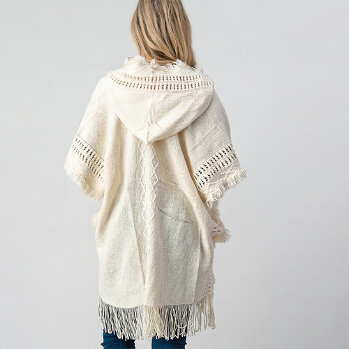 Fringed Crochet Buttoned Hooded Poncho