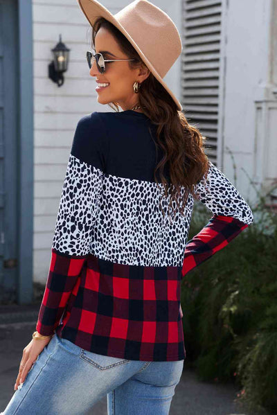 Leopard Color Block Long Sleeve T-Shirt