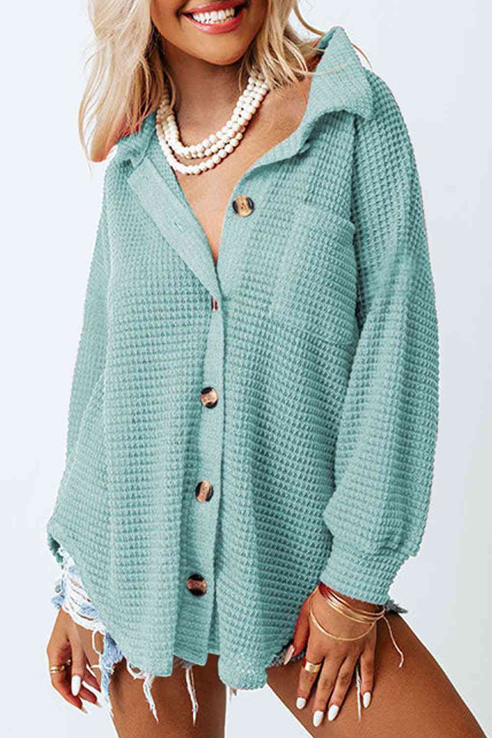 Waffle-Knit Button Up Long Sleeve Shirt with Pocket