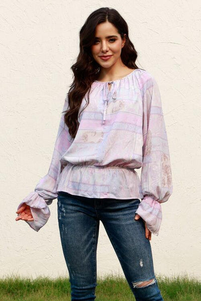 Printed Tie Neck Flounce Sleeve Blouse