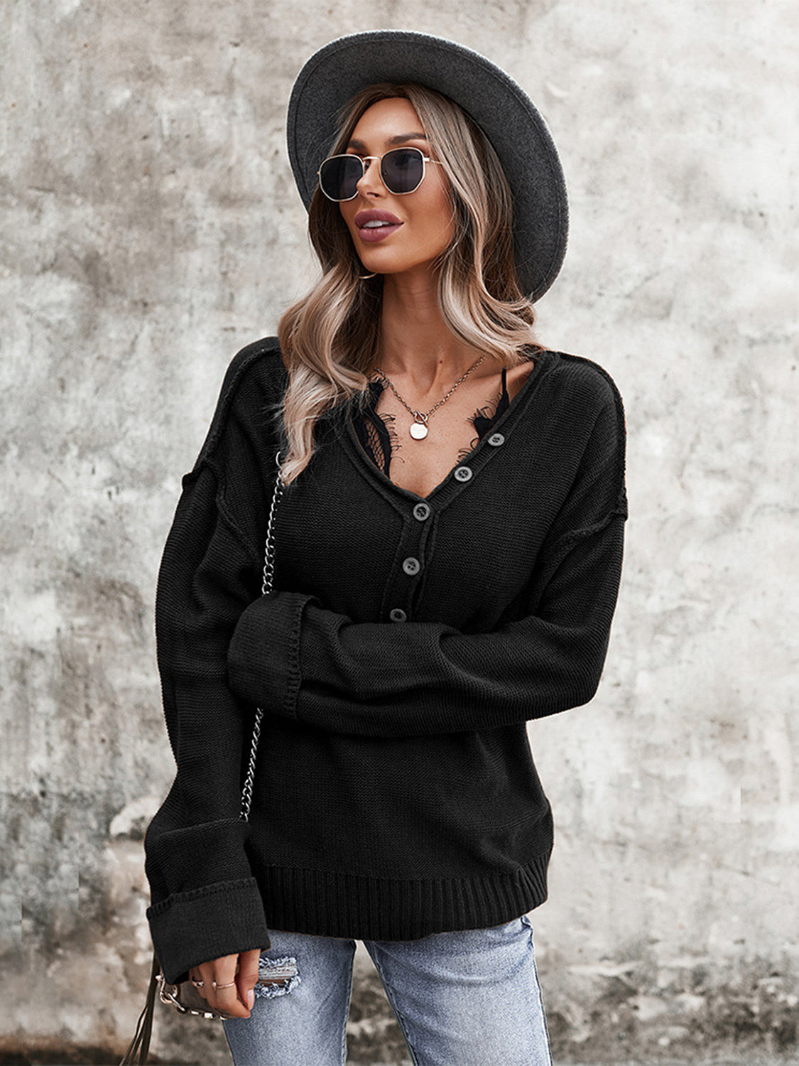 Buttoned Exposed Seam Knit Top