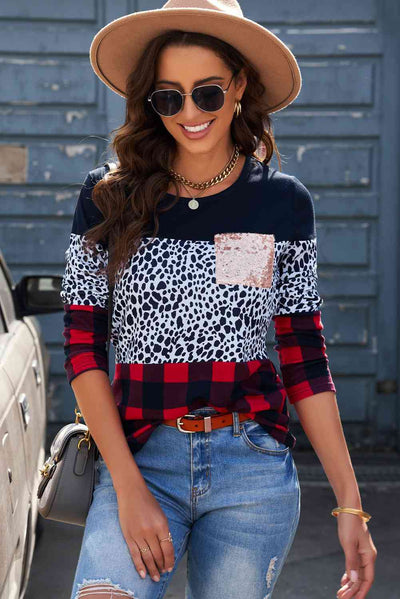 Leopard Color Block Long Sleeve T-Shirt