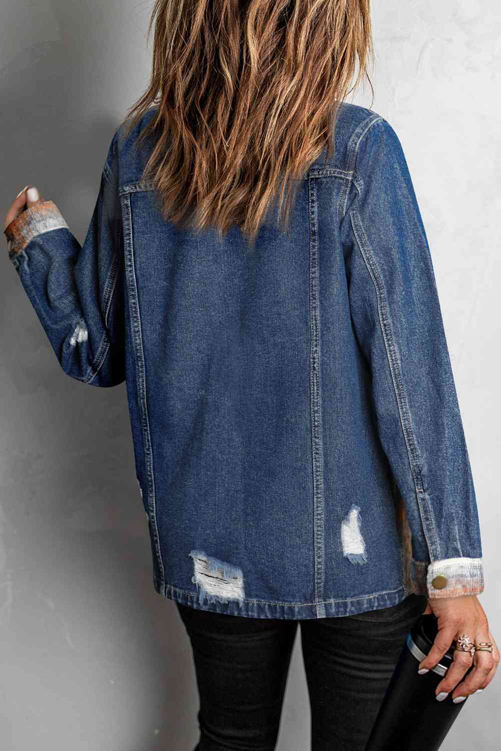 Plaid Distressed Raw Hem Snap Down Denim Jacket