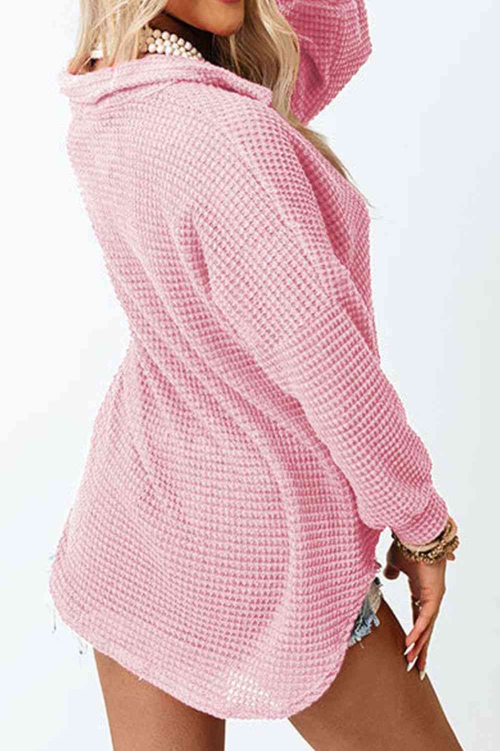 Waffle-Knit Button Up Long Sleeve Shirt with Pocket