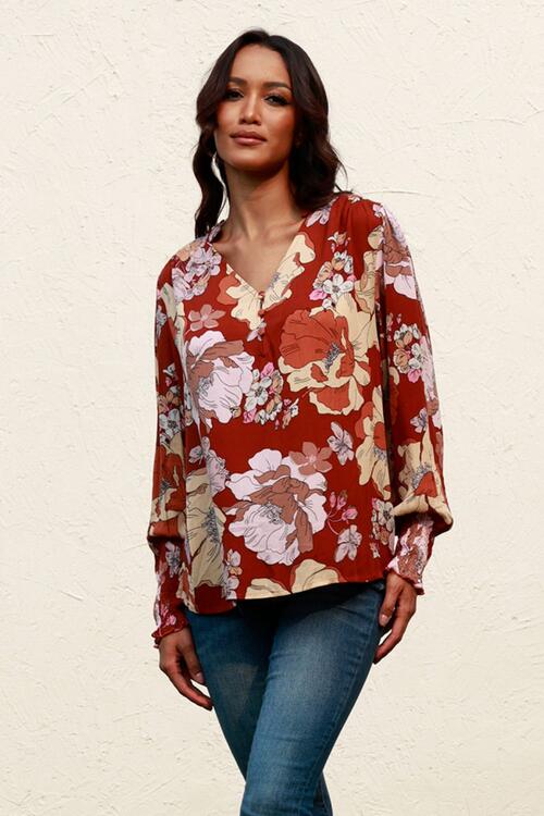 Floral V-Neck Smocked Lantern Sleeve Blouse