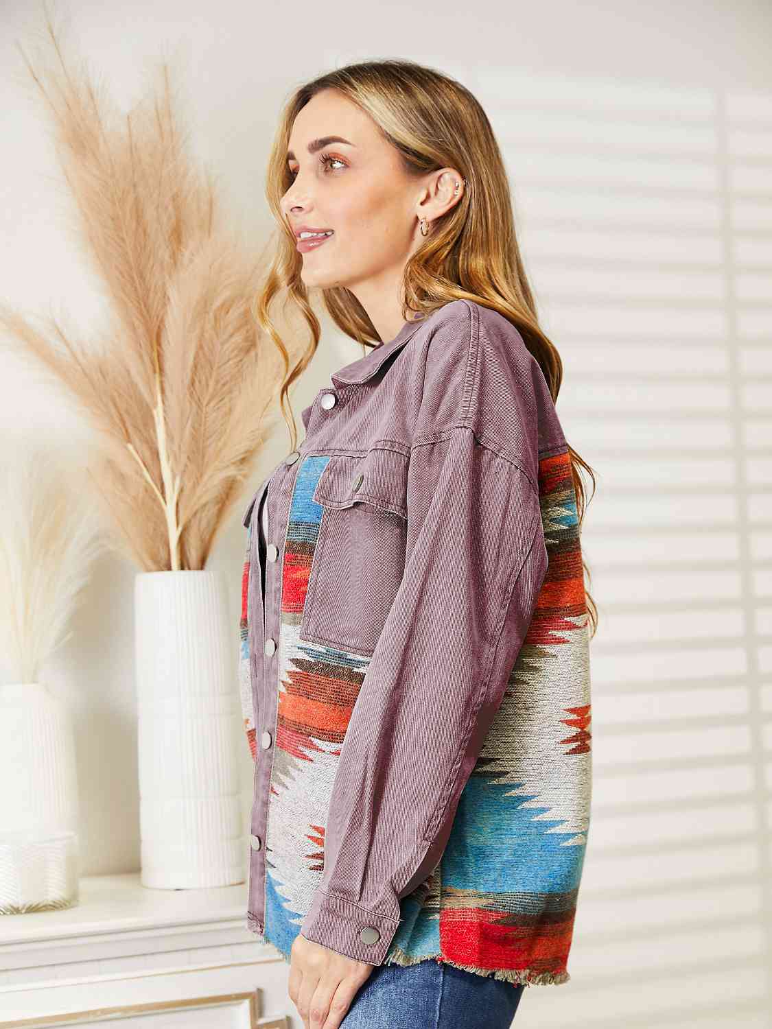 Dropped Shoulder Long Sleeve Printed Denim Jacket