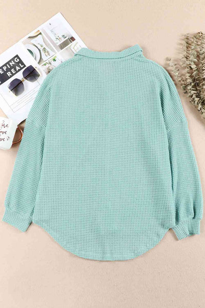 Waffle-Knit Button Up Long Sleeve Shirt with Pocket