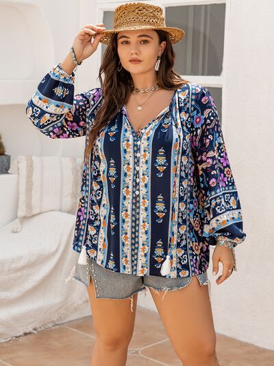 Plus Size Tie Neck Tassel Printed Blouse