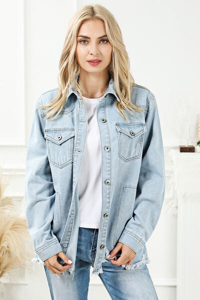 Distressed Button Up Frayed Hem Denim Jacket